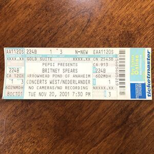 2001 Britney Spears Unused Concert Ticket Arrowhead Pond 11/20/01 Stub Pepsi
